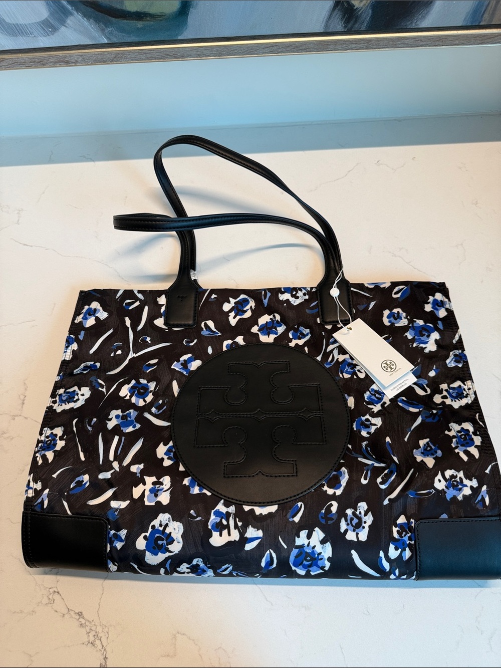 Tory Burch Black Floral Logo Tote with Blue Accents